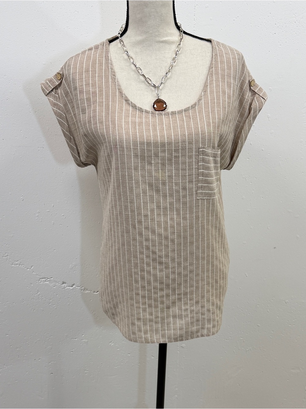 Beige Striped Scoop Neck Women's Top - Lightweight Casual woven fabric by Coast